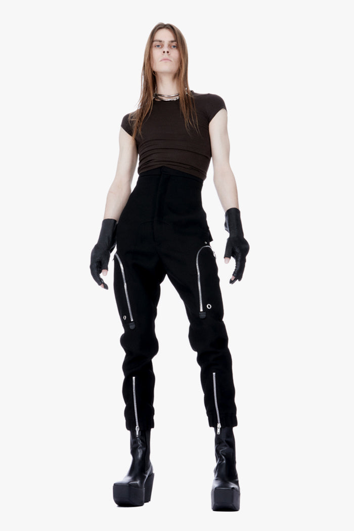 Fashion model wearing a Rick Owens outfit